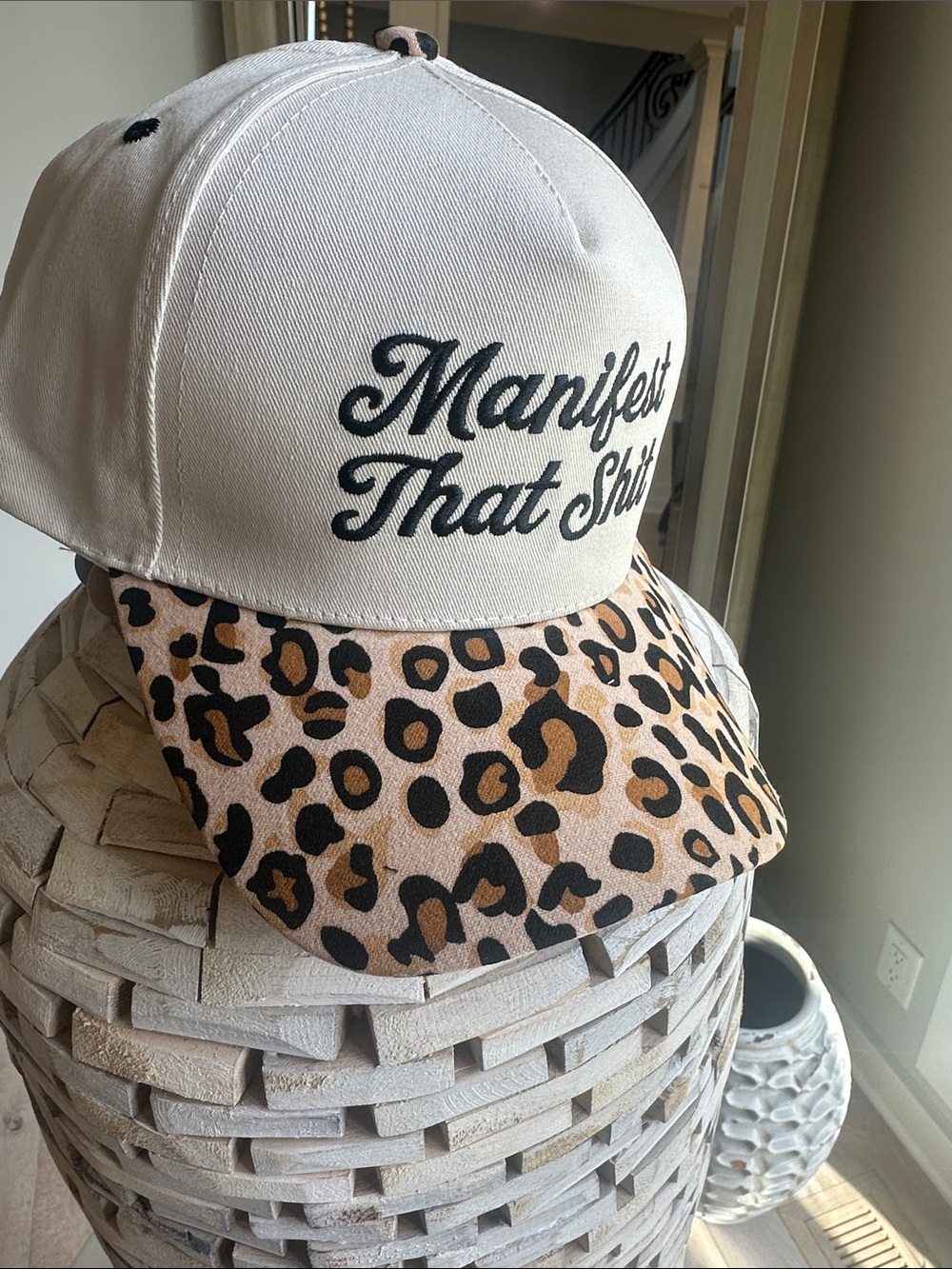 White & Leopard Print 'Manifest That Shit' Cap